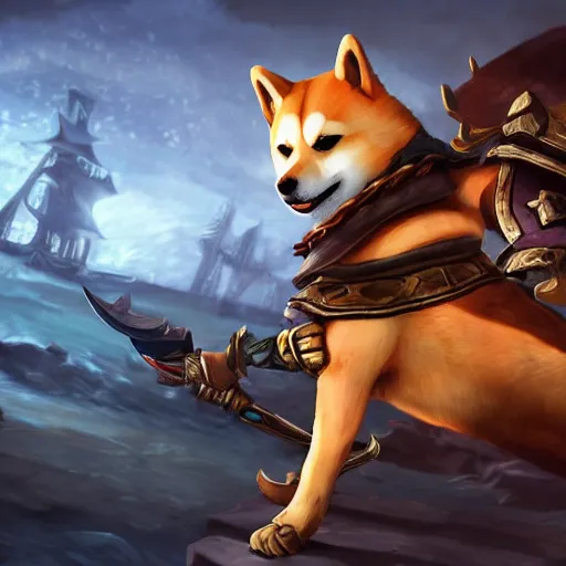 Image similar to shiba inu pirate warrior as a league of legends character, michael maurino, alex flores, paul kwon, cinematic, highly detailed, concept art, 3 d cgi, dramatic lighting, focus, smooth, heroic, hyper realistic background, in the style of league of legends, lol