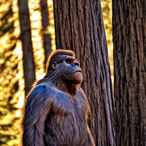 Image similar to bigfoot walking in the california redwoods, golden hour, award winning photography, 2 0 0 mm, f 2. 8, 8 k