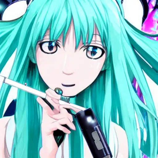 Image similar to hatsune miku getting high by smoking weed with a vape pen, bloodshot eyes, smoke everywhere