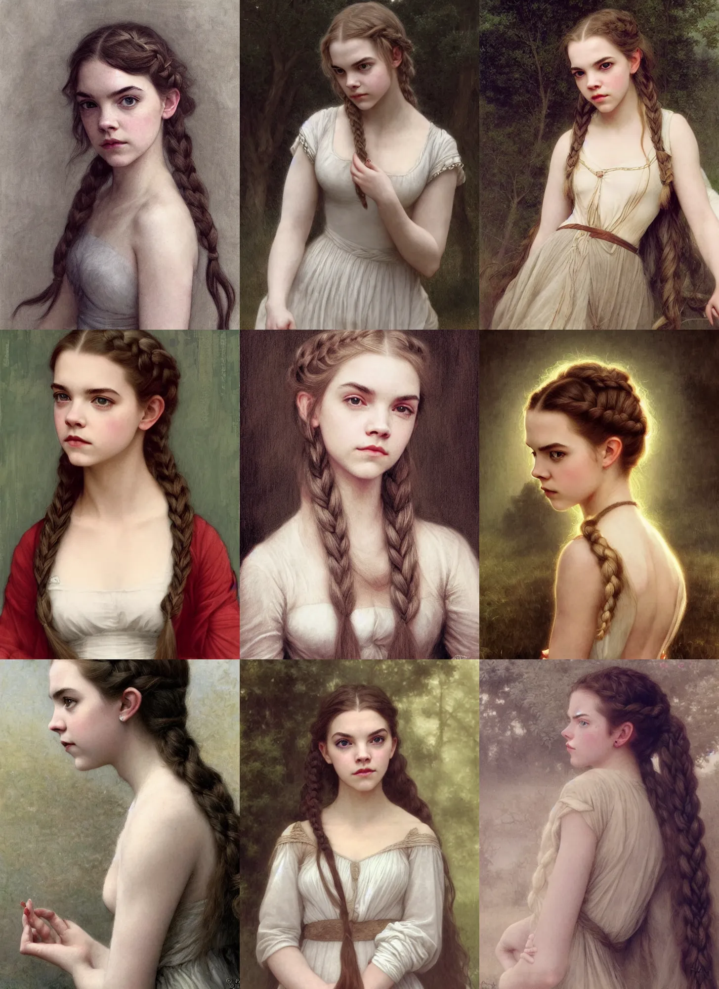 Prompt: anya taylor-joy, emma watson, pale, long grey braided hair, shining, illustration, bouguereau