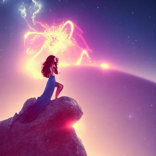 Prompt: A beautiful woman with long, flowy hair standing on a rock, witnessing the explosion of a bulging, corrupted star in space. trending on artstation, artstation futurism, artstation photography, subsurface scattering, analog photography, 4k, 8k