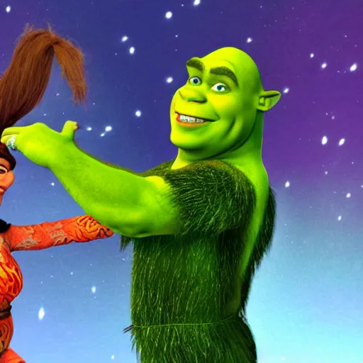 Image similar to Shrek dancing with Elon Musk, detailed