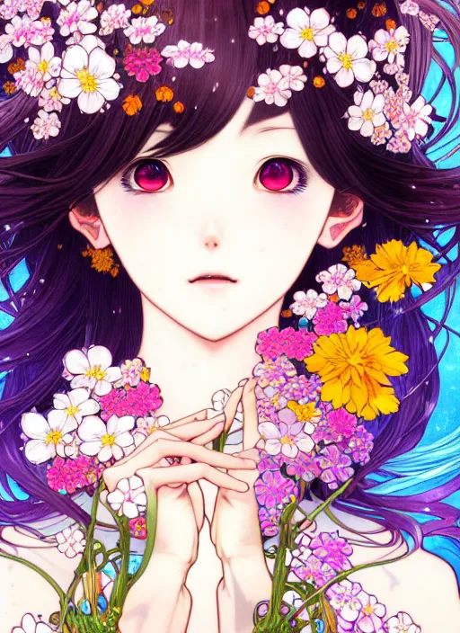 Image similar to exquisite imaginative manga portrait art of vampries girl, flowers, pearlescent, shimmering, reflective, rim light, clear face, detailed background, by kojima ayami, shigenori soejima, minaba hideo, alphonse mucha, art nouveau, illustration, pivix, concept art, highly detailed, colorful, maximalist