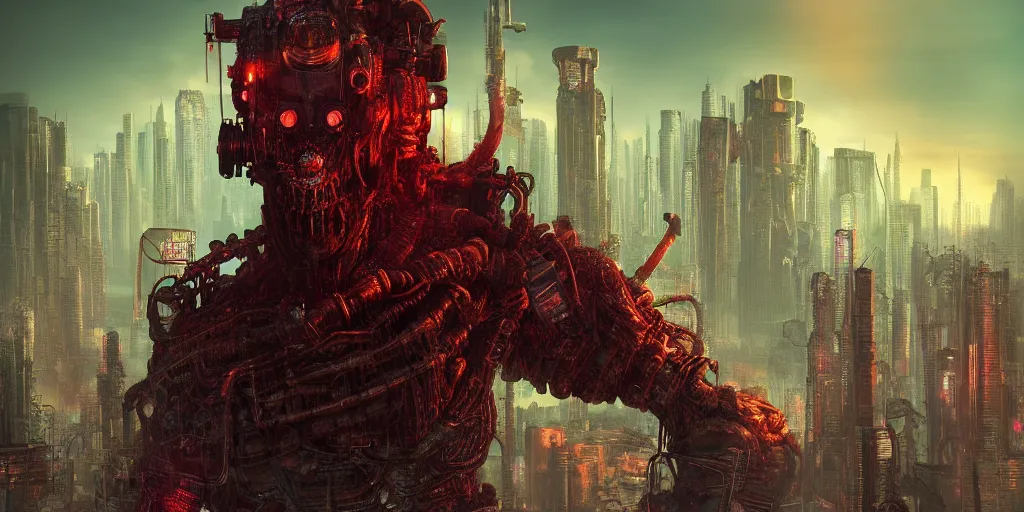 Image similar to a cyberpunk chtulhu creature closeup, fallout 5, studio lighting, deep colors, apocalyptic setting, vertically mirrored city in background