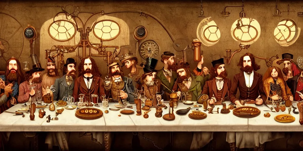 Prompt: steampunk last supper by wes anderson, digital painting, trending on artstation, sharp focus, 4 k