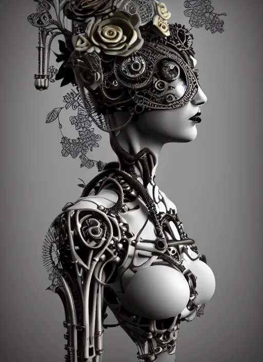 Prompt: monochrome 3 d model, steampunk biomechanical beautiful young female cyborg with porcelain profile face and a big floral eye, volumetric light, leaves foliage and stems, hibiscus flowers, boho floral vines, sinuous fine roots, fine foliage lace, alexander mcqueen, rim light, big gothic fashion pearl embroidered collar, octane render, 8 k