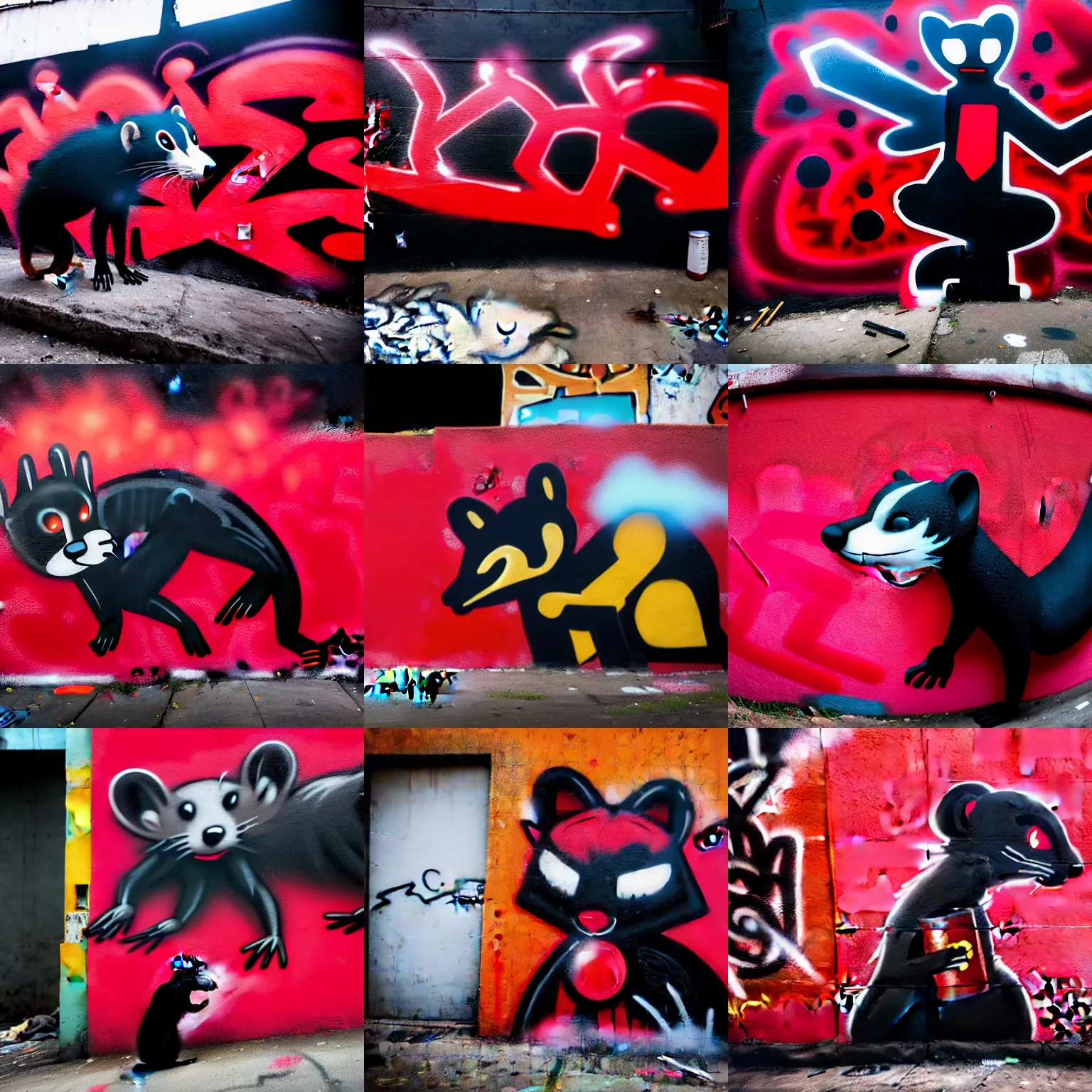 Prompt: photo ( far _ shot ), subject [ furry _ fandom _ fursona _ original _ character ( red - black, anthropomorphic _ humanoid, weasel - ferret - stoat ) ], background ( dark _ smoke ), medium [ graffiti ( spray _ paint, concrete _ wall ) ], location ( favela _ alley )