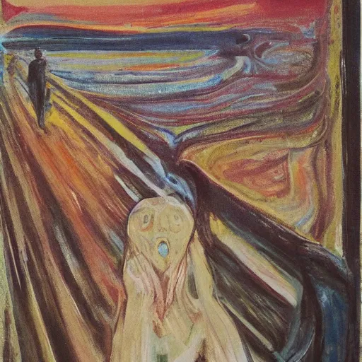 Image similar to the scream by edvard munch in the style of zdzislaw beksinski