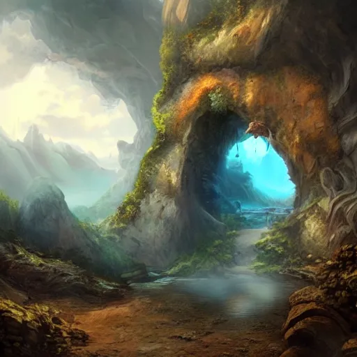 Image similar to beautiful matte painting of a fantasy cave entrance