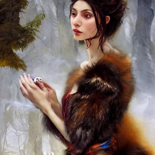 Image similar to of a beautiful brunette women with a wolf, intricate skin, fur, silicone cover, elegant, peaceful, full body, horns, hyper realistic, extremely detailed, dnd character art portrait, fantasy art, intricate fantasy painting, dramatic lighting, vivid colors, deviant art, artstation, by edgar maxence and caravaggio and michael whelan and delacroix