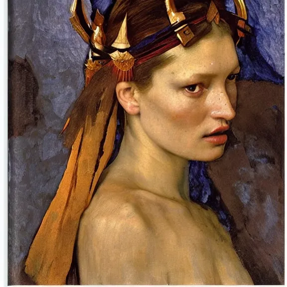 Image similar to Kate moss by Annie Swynnerton and Nicholas Roerich and Vermeer, strong dramatic cinematic lighting, ornate headdress, lost civilizations, smooth, sharp focus, extremely detailed