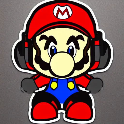 Image similar to svg sticker of a Pop-Wonder SuperMario, Mario-Wearing-a-red-hat, at a rave, spinning records, giant headphones rocking out, wearing headphones, huge speakers, dancing, rave, DJ, spinning records, digital art, amazing composition, rule-of-thirds, award-winning, trending on artstation, featured on deviantart