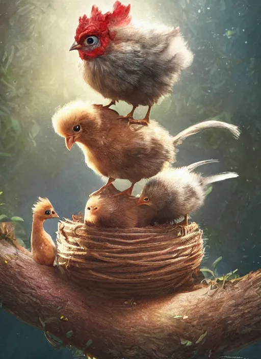 Prompt: a cute hen fostering two chicks in an adventure movie by nuri iyem, james gurney, james jean, greg rutkowski, anato finnstark. pixar. hyper detailed, 5 0 mm, award winning photography