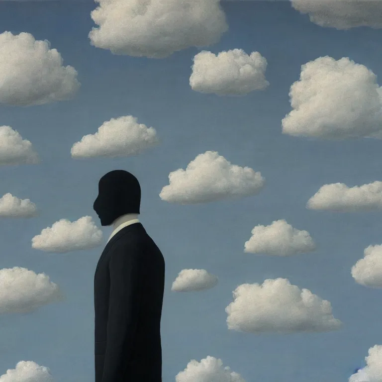 Image similar to portrait of a faceless shadow - head man with messy hair in a suit, clouds in the background, by rene magritte, detailed painting, distance, middle centered, hd, hq, high resolution, high detail, 4 k, 8 k