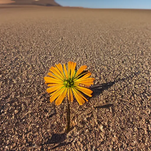 Image similar to a single small pretty desert flower blooms in the middle of a bleak arid empty desert, in the background a large topaz crystal sticks halfway out of the sand, sand dunes, clear sky, low angle, dramatic, cinematic, tranquil, alive, life.