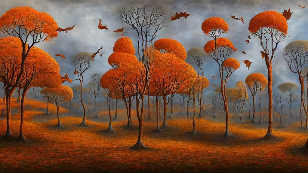 Image similar to surreal landscape, surrealism, symmetrical, whirling autumn trees, esao andrews, victor enrich, dali