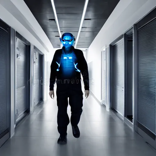 Prompt: shark man wearing a security uniform, walking in high-tech hallway , sci-fi, high resolution