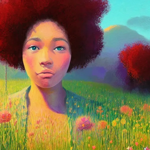 Prompt: girl with one flower afro, in a field with flowers, hills, big trees, sunrise dramatic light, impressionist painting, colorful clouds, digital painting, pointillism, artstation, simon stalenhag