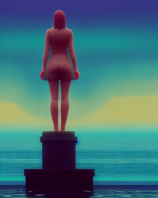 Image similar to a painting of a woman standing in the water. the woman is standing in front of a statue, a screenshot by stanley twardowicz, cgsociety, aestheticism, aesthetic, vaporwave, anime aesthetic, volumetric lighting