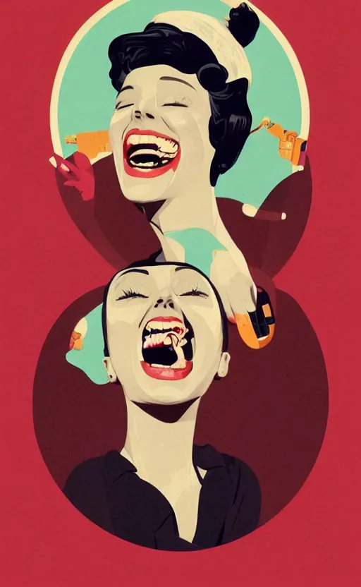 Prompt: illustration portrait of a woman with white buzzcut laughing out loud, art deco painting by tom whalen, by tomer hanuka, funny meme photo, trending on behance, digital illustration, storybook illustration, grainy texture, flat shading, vector art, airbrush, pastel, watercolor, poster