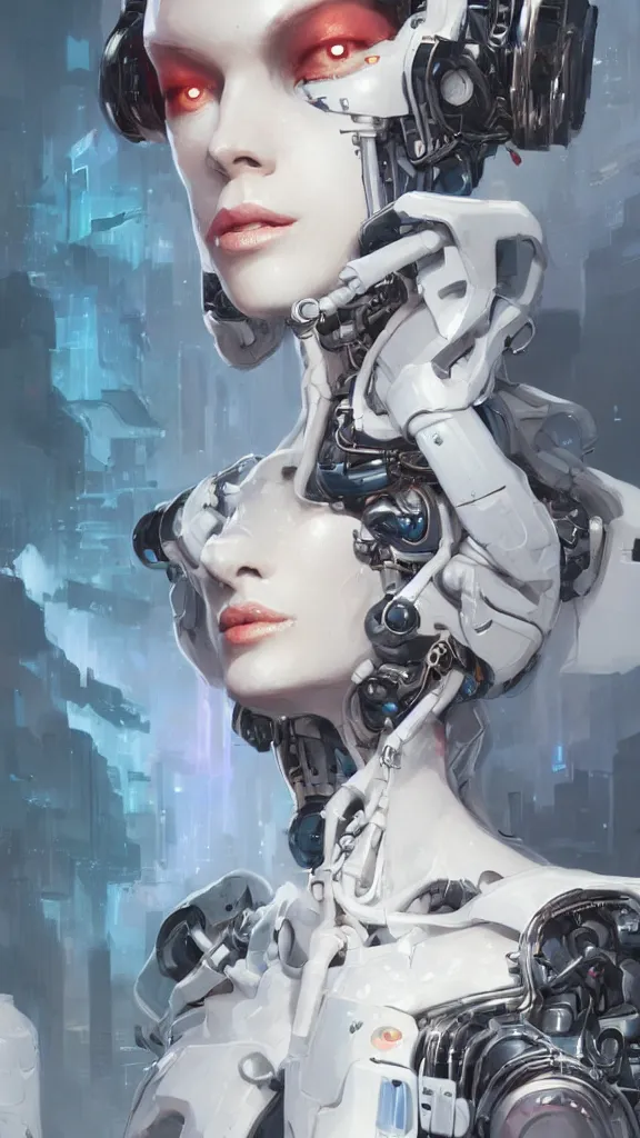 Image similar to a portrait of brunette tall girl as a beautiful cybernetic techno queen, white woman, cyberpunk concept art by pete mohrbacher and wlop and artgerm josan gonzalez and syd mead, digital art, highly detailed, intricate, sci - fi, sharp focus, trending on artstation,