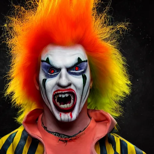 Prompt: insane rockstar clown with crazy orange hair, bloodshot eyes, green pants and weird yellow striped shirt. 8 k resolution, photograph, trending on art station.