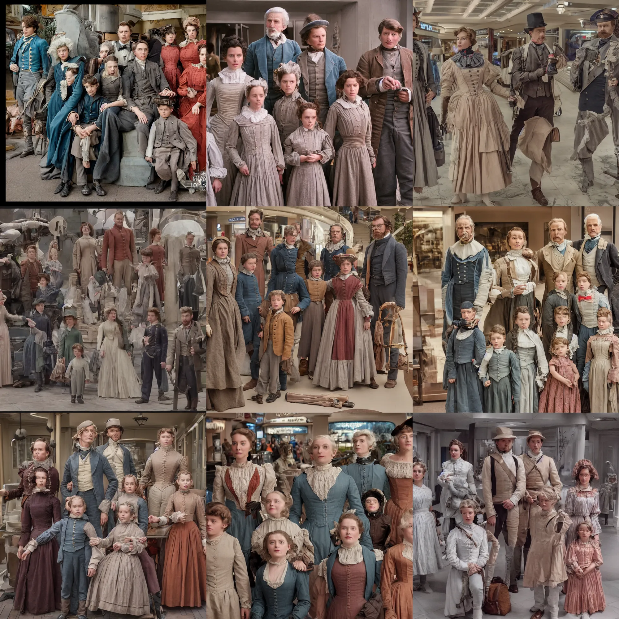 Prompt: sharp, highly detailed, 8k, 65mm film, high quality frame scan from a sci fi blockbuster color movie made in 2019, a family of four time travelers from 1860 travel in time to 2019, appearing in a shopping mall, looking surprised, the family are all wearing 1860s era clothes, good lighting, in focus, cinematic still, high quality scan, in focus, 24mm f/1.4L lens, realistic faces and details, oscar winner, award winning lighting, award winning photography, ultra high definition