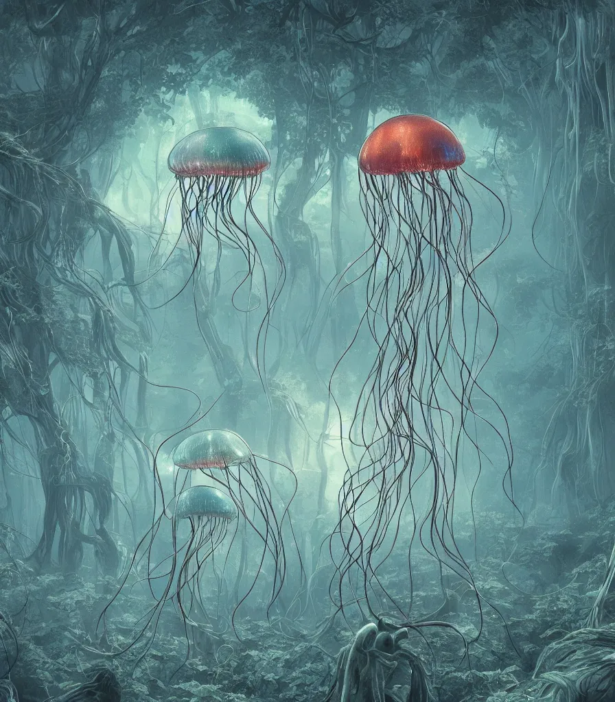 Prompt: brilliant alien jellyfish forest color scientific illustration by Ernst Haekel, Hayao Miyazaki, foggy, ambient occlusion, color illustration with orthographic views