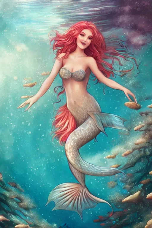 Prompt: beautiful mermaid swimming through coral reefs by charlie bowater