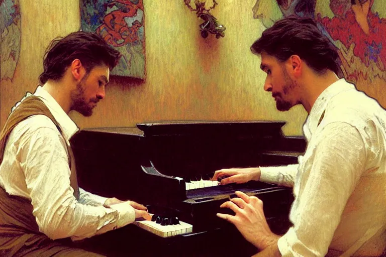 Prompt: attractive man, playing piano, painting by gaston bussiere, craig mullins, greg rutkowski, alphonse mucha