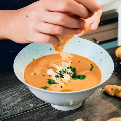 Image similar to person unable to eat soup properly spilling it everywhere