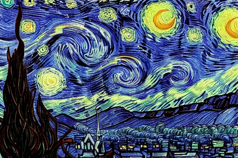 Image similar to man is seeing old god eldritch horror cthulhu terrifying the night sky of a city, epic scene, hyper - detailed, gigantic cthulhu, photo - realistic wallpaper, dark art, van gogh style