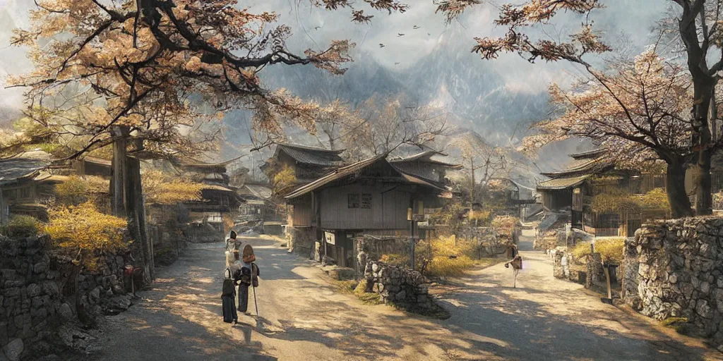 Image similar to walking around rural shirakawa - go, gifu, japan. volumetric lighting, spring early, nice slight overcast weather, realistic illustration, perfectly shaded, ( golden hour ), soft painting, low angle, art by krenz cushart and wenjun lin