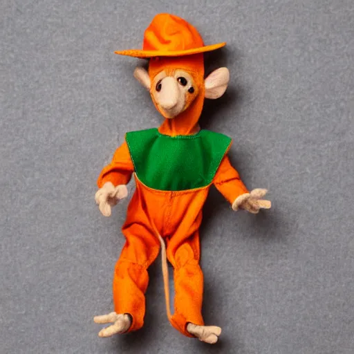 Image similar to small orange humanoid mouse marionette wearing green overalls and a peter pan hat