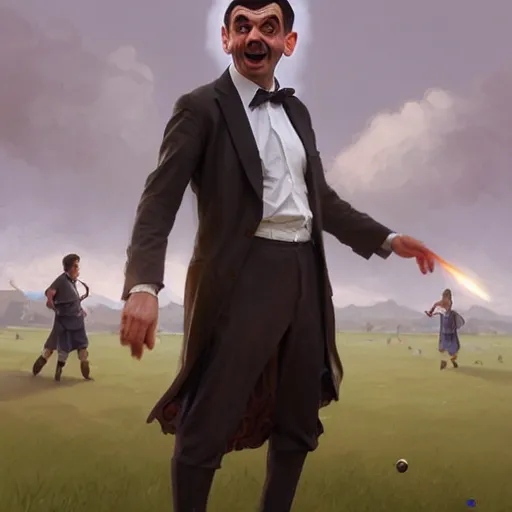 Prompt: Mr Bean playing soccer, D&D, fantasy, intricate, elegant, highly detailed, digital painting, artstation, concept art, matte, sharp focus, illustration, art by Artgerm and Greg Rutkowski and Alphonse Mucha