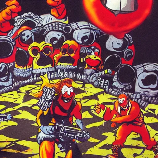 Prompt: Duke Nukem running from a swarm of angry clowns, videogame promotional art, 1990s