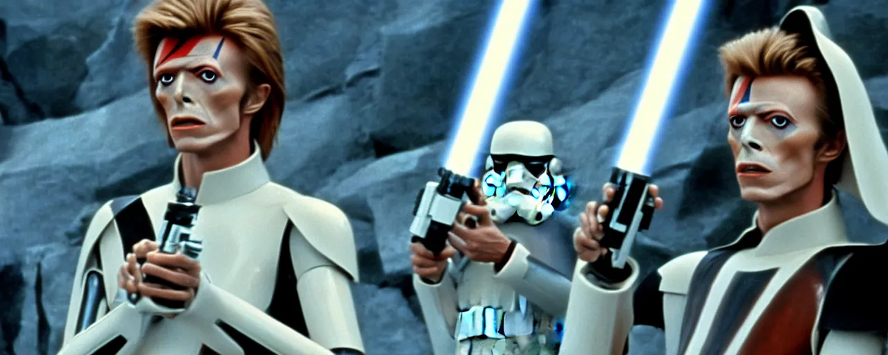 Prompt: a film still of David Bowie in Star Wars 1977 high quality .