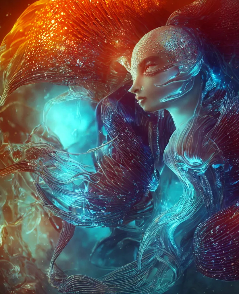 Image similar to close-up macro portrait of the face of a beautiful princess, epic angle and pose, symmetrical artwork, 3d with depth of field, blurred background, cybernetic jellyfish female face skull phoenix bird, translucent, nautilus, energy flows of water and fire. a highly detailed epic cinematic concept art CG render. made in Maya, Blender and Photoshop, octane render, excellent composition, cinematic dystopian brutalist atmosphere, dynamic dramatic cinematic lighting, aesthetic, very inspirational, arthouse. y Greg Rutkowski, Ilya Kuvshinov, WLOP, Stanley Artgerm Lau, Ruan Jia and Fenghua Zhong