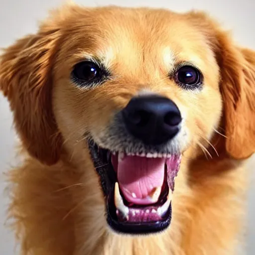 Prompt: an adorable dog with highly detailed, very very realistic human teeth