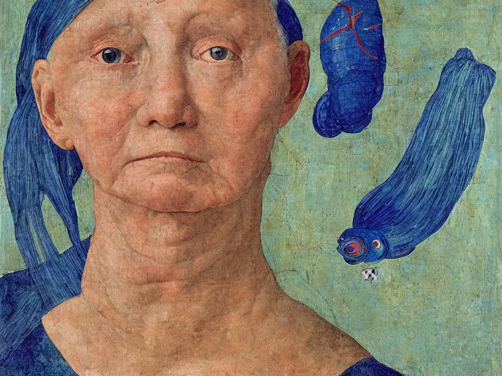 Image similar to portrait of a old woman head with close up exotic betta halfmoon blue fish. lapis lazuli, malachite, cinnabar, gold. ainting by piero della francesca, balthus, agnes pelton