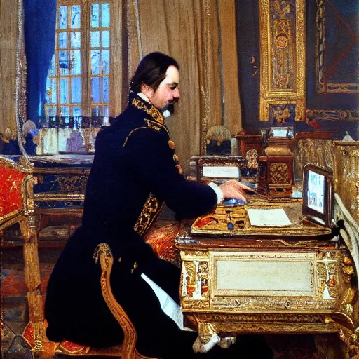 Prompt: russian tsar Peter The Great 18th century reinstalls operatins system on desktop computer by vasnetsov and surikov serov, JEAN-VICTOR BERTIN, by Terence Cuneo, detailed, artfully traced, 4k resolution, cinematic, dramatic