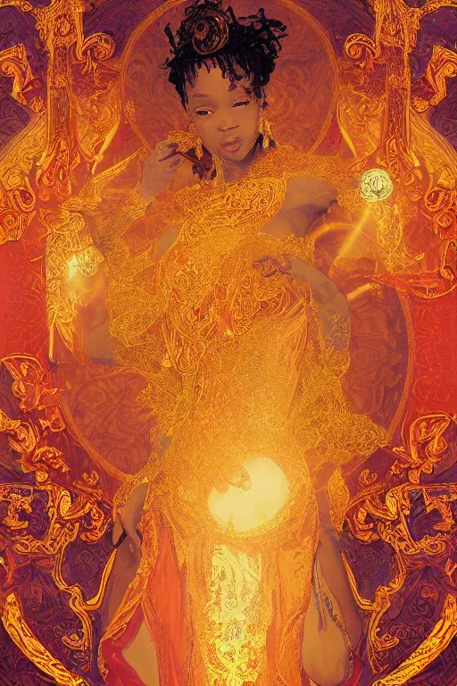 Image similar to tarot card artstation, portrait of a nigerian love dancer, sunrise, baroque ornamnet and rococo ornament, ancient chinese ornate, hyperdetailed, beautiful lighting, craig mullins, mucha, klimt, yoshitaka amano, red and gold and orange color palatte