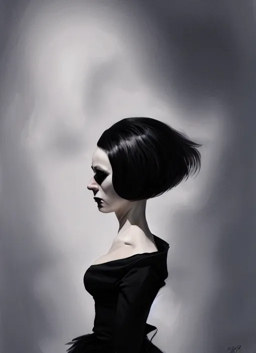 Prompt: portrait of a strange woman with a crooked nose and a confident expression, 1 9 6 0 s, black clothes, goth, punk, funk, intricate, elegant, highly detailed, digital painting, artstation, concept art, smooth, sharp focus, illustration, art by wlop, mars ravelo and greg rutkowski