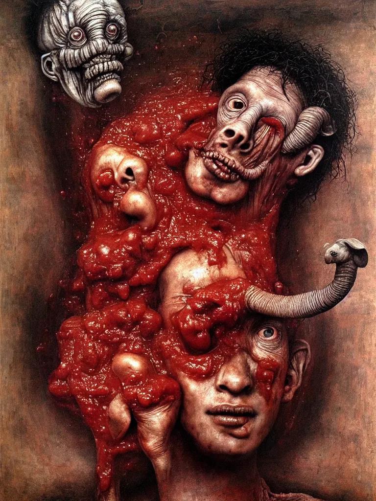 Image similar to a boy like eraserhead and elephant man sitting in a tub full of tomato sauce, looking straight into camera, screaming in desperation, by giuseppe arcimboldo and ambrosius benson, renaissance, fruit, fractal elements, intricate and intense oil paint, a touch of beksinski and hr giger and edward munch, realistic