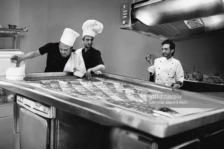 Prompt: italian chef taking a bath on a roulette table, fisher - price scene from tv show photography