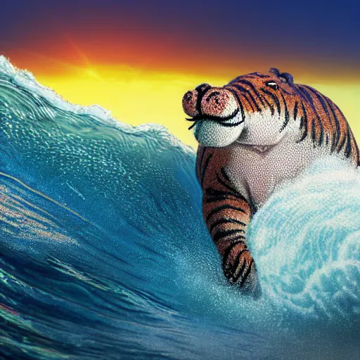 Image similar to a closeup photorealistic photograph of a cute smiling knitted tiger hippopotamus riding an epic wave at sunset. surf in the background. professional capture. brightly lit scene. this 4 k hd image is trending on artstation, featured on behance, well - rendered, extra crisp, features intricate detail, epic composition and the style of unreal engine.