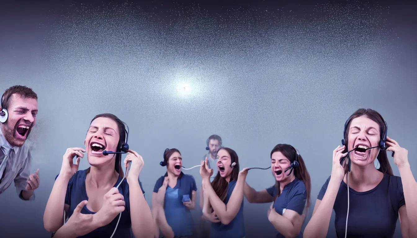 Prompt: hyper realistic photo of the interior of a call centre, a weathered young man, women, laughter and screaming face, feedback loop, burst of powders, spraying liquid, volumetric lighting, twisting vapour, bellowing dust, full colour, upscale, 8 k