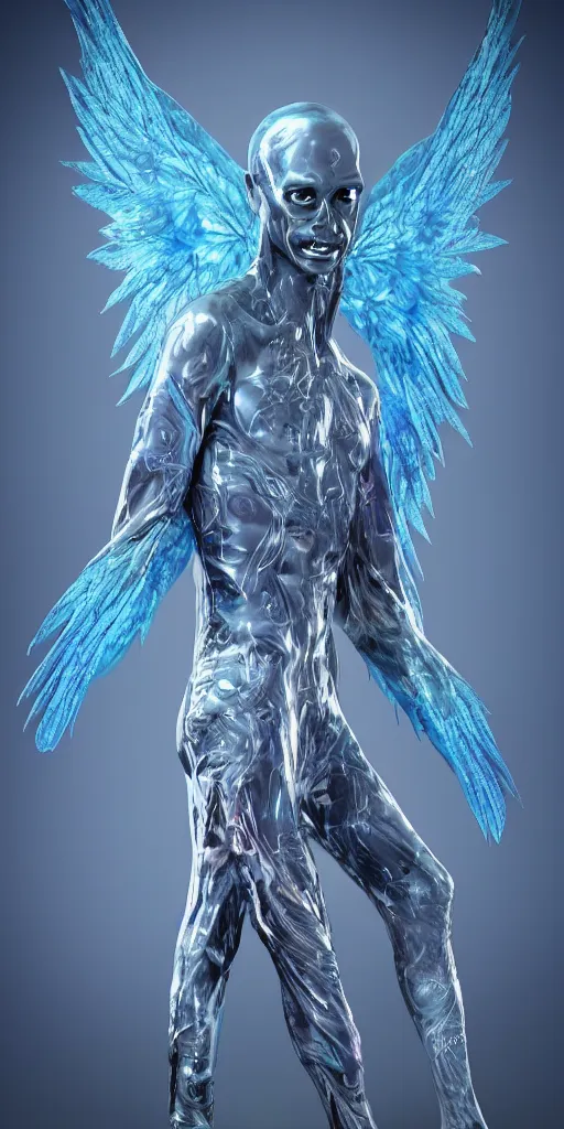 Prompt: full body male alien with cyberangel wings, tattoos cover all over him blue skin in a terrifying pose, transparent silk outfit flowing in the wind by bruce labruce, digital art, redshift render, hyperrealistic