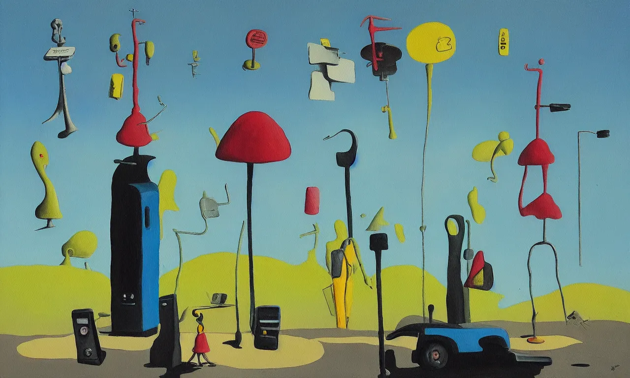 Image similar to “a painting in the style of Yves Tanguy , a parking meter stands in the middle of a desert. Next to the parking meter we see a priest, a woman in a green dress , and a rhinoceros ”