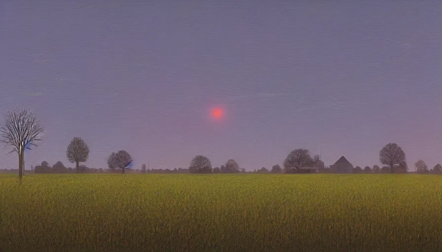 Prompt: open field with solar panels, sun in the sky, early morning, single tree, farmhouse, simon stalenhag